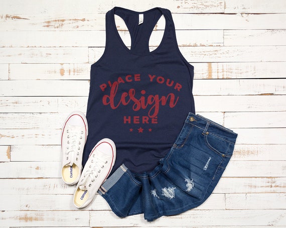 Bella Canvas Racerback Tank T-Shirt Mockup On Distressed Wood