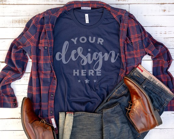 Bella Canvas 3001 T-Shirt Mockup With Plaid Jeans And Bella Canvas 3001 T-Shirt Mockup With Plaid Jeans And