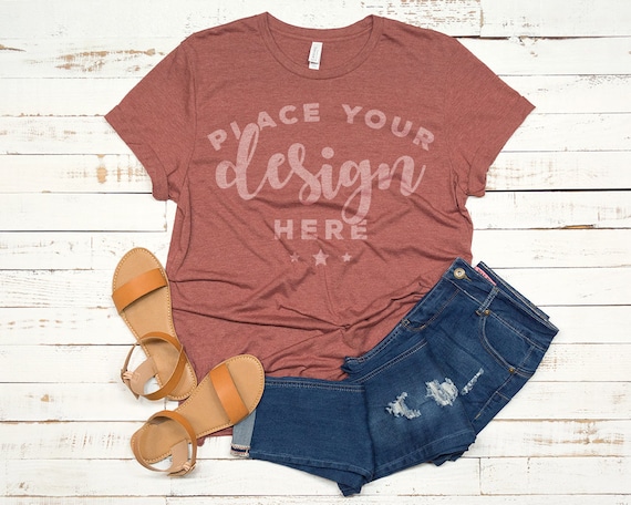Bella Canvas 3001 T-Shirt Mockup Heather Clay With Sandals Bella Canvas 3001 T-Shirt Mockup Heather Clay With Sandals