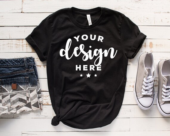 Bella Canvas 3001 Mockup Black Tee Mock T-Shirt With
