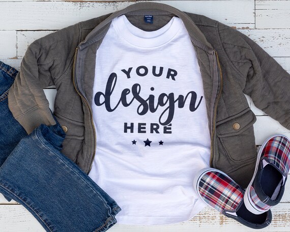 White Kids T-Shirt Mockup With Jacket And Jeans On White Kids T-Shirt Mockup With Jacket And Jeans On