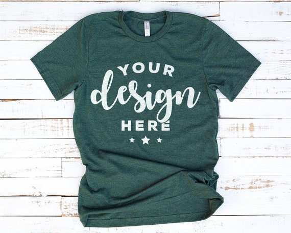 Green Heather Forest Bella Canvas 3001 T-Shirt Mockup On Green Heather Forest Bella Canvas 3001 T-Shirt Mockup On