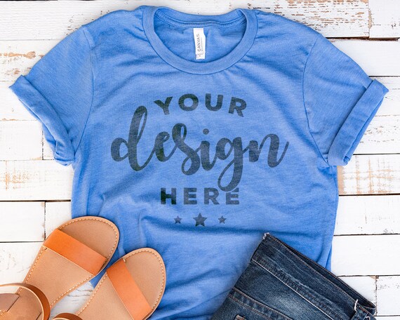 Bella Canvas 3001 Mockup Heather Colum Blue Mockup Flat