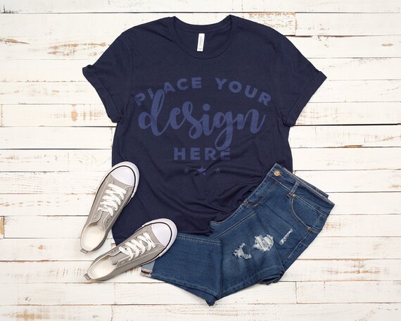 Bella Canvas 3001 T-Shirt Mockup Navy With Shoes And