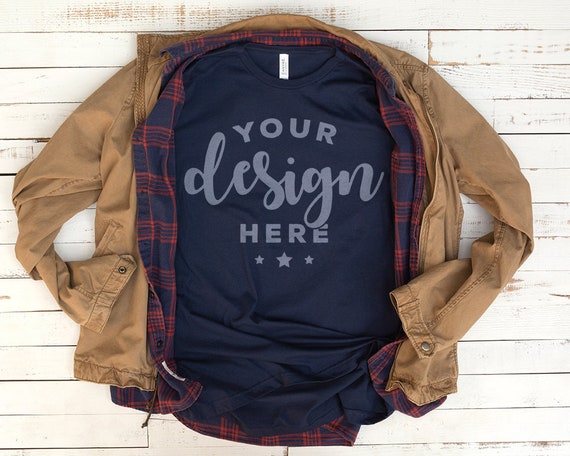 Download Free Bella Canvas 3001 T-Shirt Mockup Navy Blue With Plaid ...