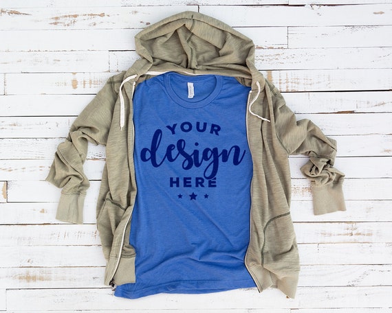 Blue Colum Bella Canvas 3001 T-Shirt Mockup With Olive