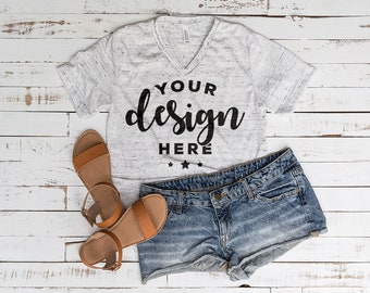 Download Free Tshirt Mockup White Marble Bella Canvas Vneck Template On Distressed Wood Background Flat Lay Hi Resolution Jpg File 300 dpi PSD Template