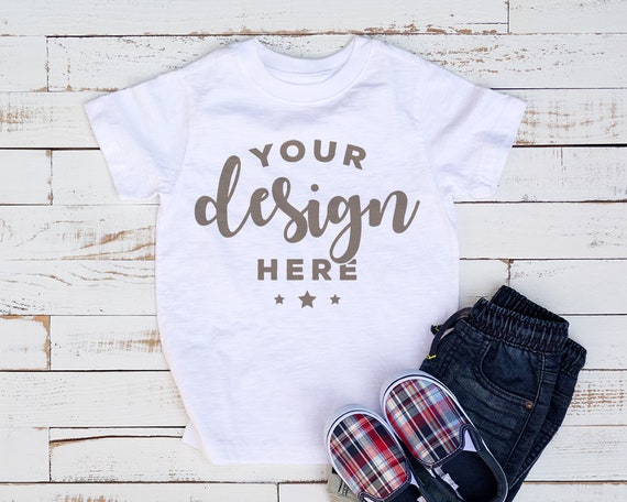 White Kids T-Shirt Mockup With Shoes And Shorts On