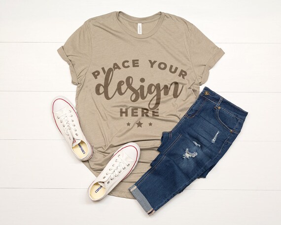 Bella Canvas 3001 T-Shirt Mockup Heather Stone With Jeans
