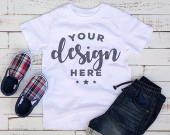 Download White Kids Tshirt Mockup With Shoes And Shorts On Distressed Wood Hi Resolution 300 Ppi Jpeg Image Kids Flat Lay New Free T Shirt Mockups Psd Templates Design PSD Mockup Templates