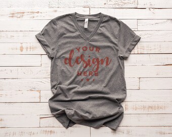 Download Gray Bella Canvas 3005 Tshirt Mockup Deep Heather V Neck Shirt Mock Distressed Wood Background Flat Lay Rolled Sleeve Mock Brochure Mock Up Psd File PSD Mockup Templates