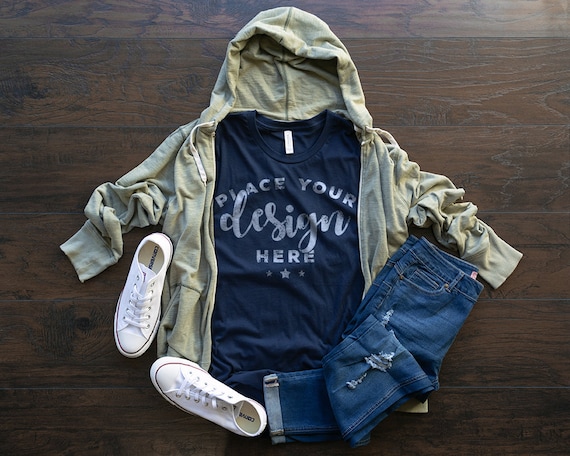 Bella Canvas 3001 T-Shirt Mockup With White Shoes And Bella Canvas 3001 T-Shirt Mockup With White Shoes And