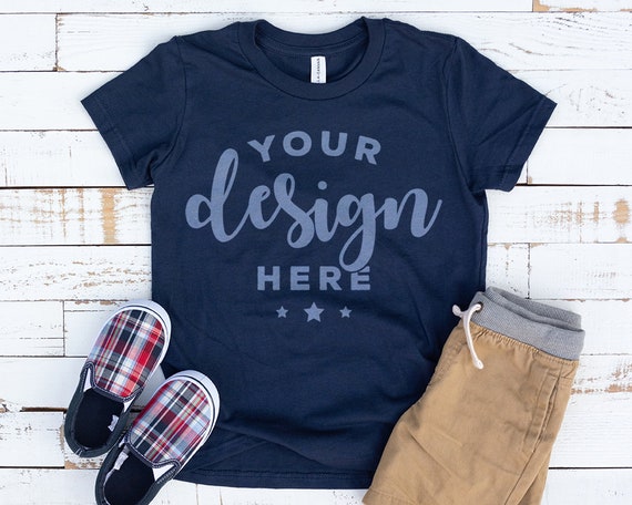 Navy Bella Canvas 3001 Kids T-Shirt Mockup With Shorts Navy Bella Canvas 3001 Kids T-Shirt Mockup With Shorts
