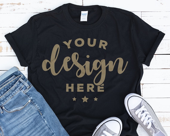 Download Black T-Shirt Mockup With Jeans And Shoes On Distressed