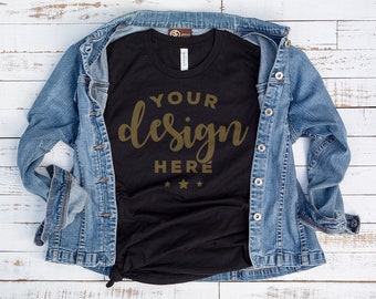 Download Free Bella Canvas 3001 Mockup With Denim Jacket On Distressed Wood Background Hi Resolution 300 Ppi Jpeg Image Flat Lay Mock Snapchat Mockup Template Psd PSD Mockup Template