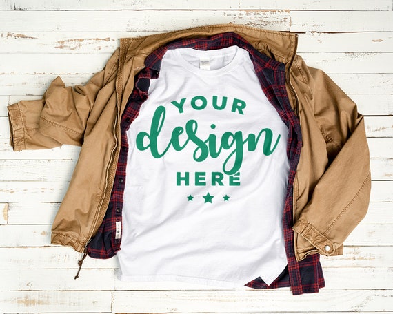 White T-Shirt Mockup With Plaid And Tan Jacket Hi