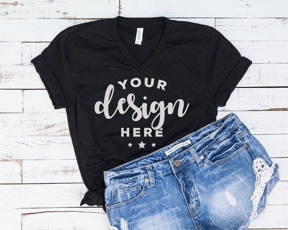 Black Bella Canvas Vneck T-Shirt Mockup With Shorts On