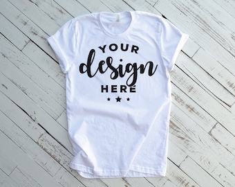 Download Free Bella Canvas 3001 Mockup White Shirt With Rolled Sleeve On Distressed Wood Background For Commercial Use PSD Template