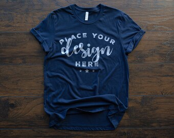 Blue Bella Canvas 3001 Tshirt Mockup With Rolled Sleeves On Dark Wood Background Hi Resolution 300 ppi Jpeg Image