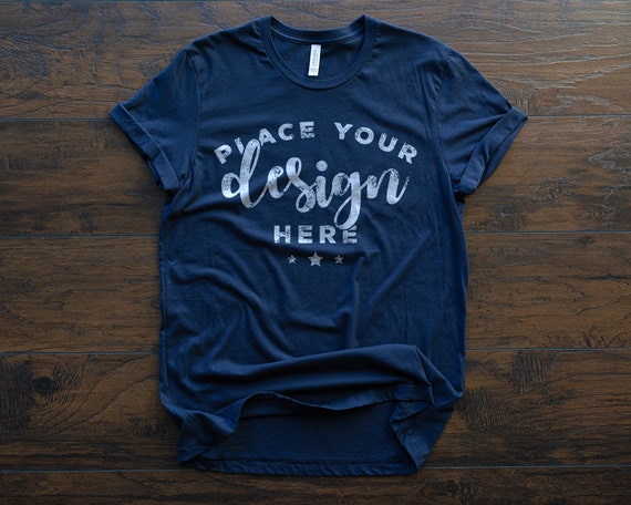 Blue Bella Canvas 3001 T-Shirt Mockup With Rolled Sleeves