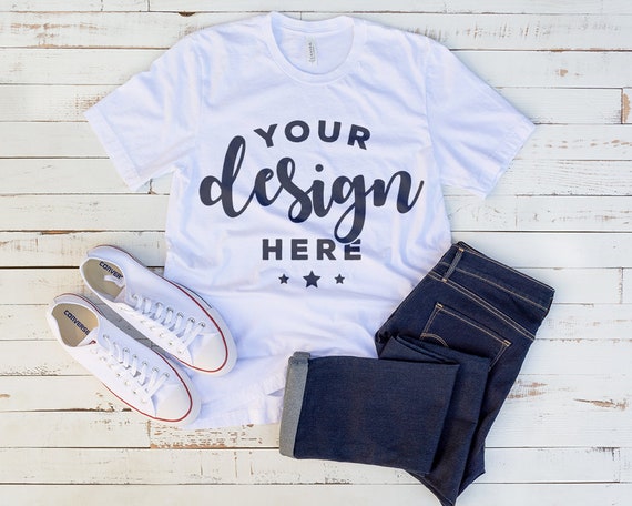 Bella Canvas 3001 T-Shirt Mockup With Jeans And White