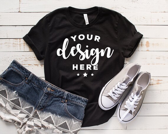 Bella Canvas 3001 Mockup Black Tee Mock T Shirt With Shoes And Etsy