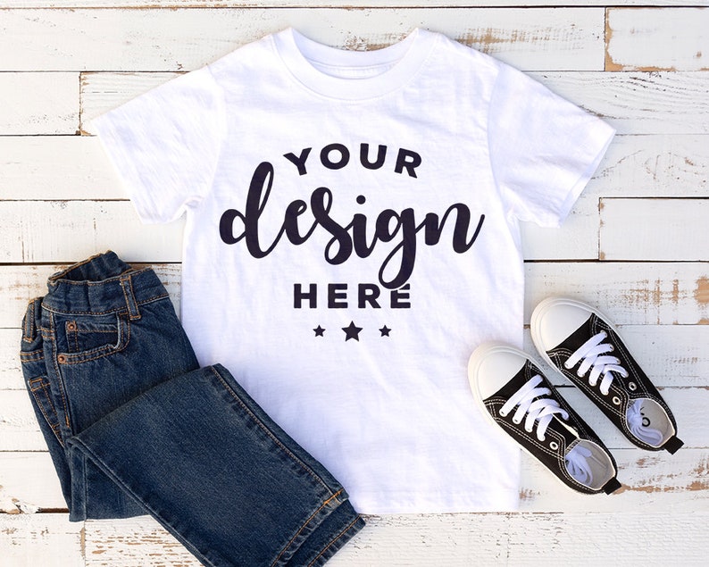 Download Kids Shirt Mockup White T-shirt Mock Jeans And Shoes ...