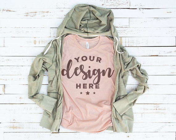 Bella Canvas 3001 Tshirt Mockup Peach With Olive Hoodie On Etsy