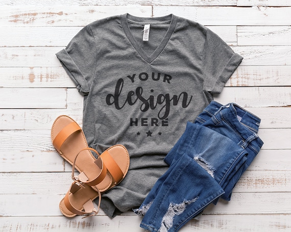 Bella Canvas Vneck Tshirt Mockup On White Distressed Wood Etsy