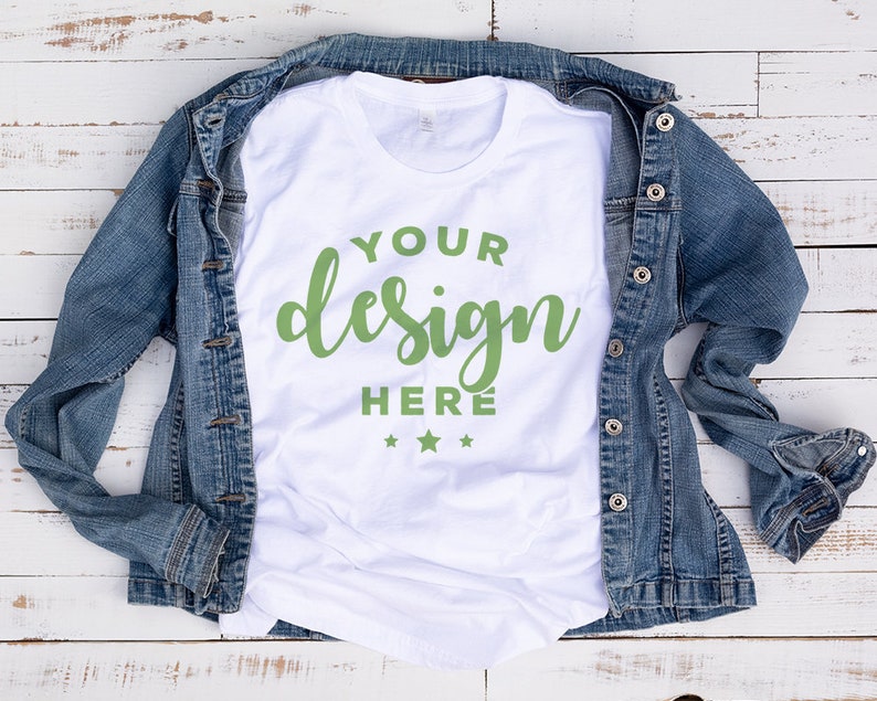 Download White Tshirt Bella Canvas 3001 Mockup With Denim Jacket On ...