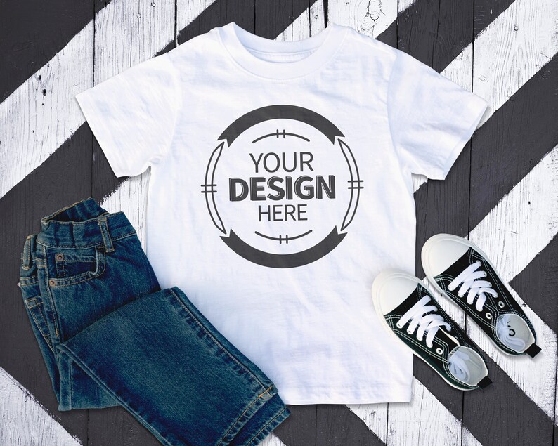 Download Kids Shirt Mockup White T-shirt Mock Jeans And Shoes ...