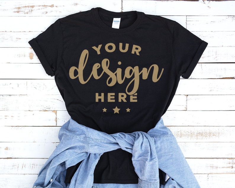 Black Tshirt Mockup With Blue Denim Shirt On Distressed Wood Etsy