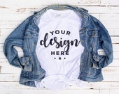 White Tshirt Mockup With Vintage Denim Jacket On Distressed Wood Background Hi Resolution 300 ppi Jpeg Image Print On Demand
