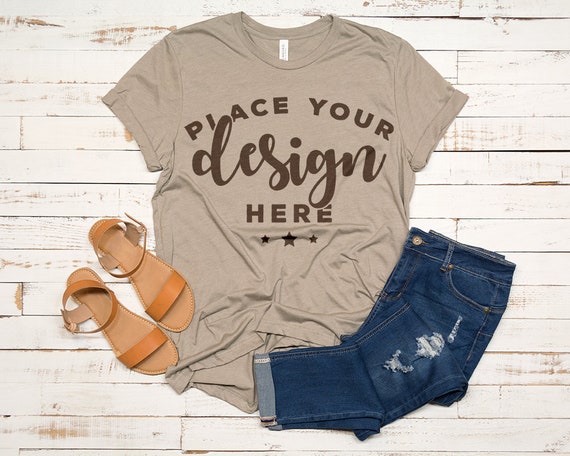 Bella Canvas 3001 Tshirt Mockup Heather Stone With Jeans And Etsy
