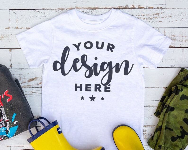 Download White Kids Tshirt Mockup With Rain Boots and Camo ...