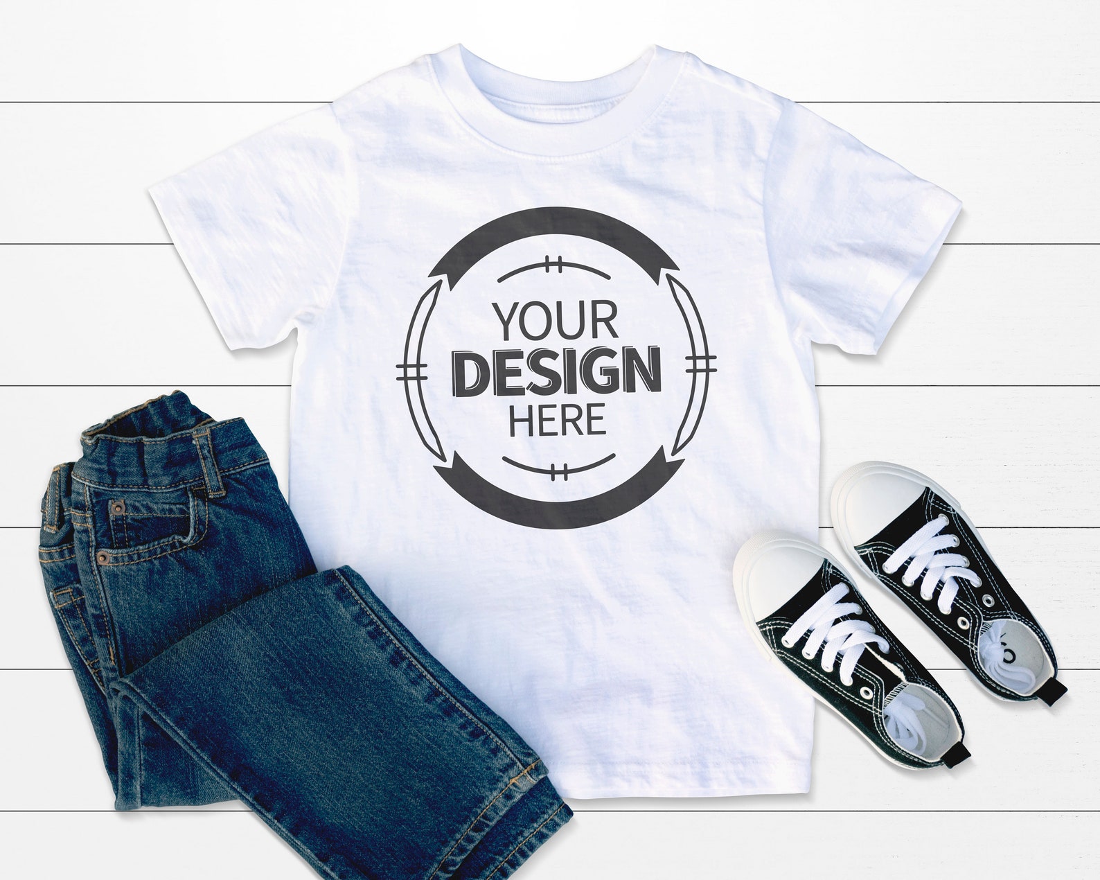 Kids Shirt Mockup White Tshirt Mock Jeans And Shoes
