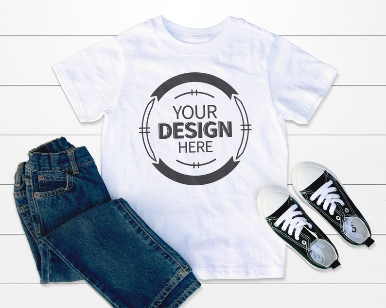 Download Kids Shirt Mockup White T-shirt Mock Jeans And Shoes ...