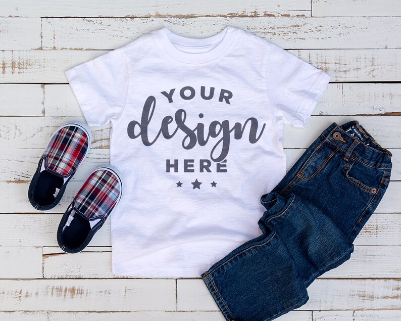 Download White Kids Tshirt Mockup With Shoes and Jeans On ...