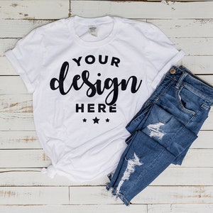 White Tshirt Mockup 100 Percent Ring Spun Cotton Hi Resolution Jpg File 300 Dpi On Distressed Wood Background With Jeans