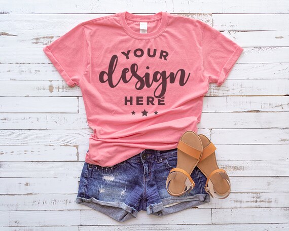 Download Heather Coral Tshirt Mockup 100 Percent Ring Spun Cotton Shirt Shorts Template On Distressed Wood Background