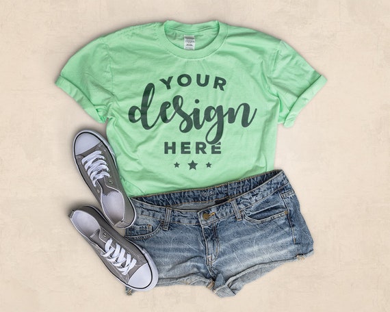 Mint Tshirt Mockup On Beige Background 100 Percent Ring Spun Etsy