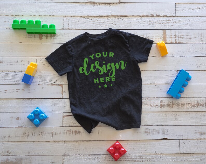 Download Black Kids Tshirt Mockup With Blocks Flat Lay Kids Shirt ...