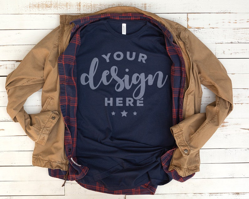 Download Bella Canvas 3001 Tshirt Mockup Navy Blue with Plaid and ...