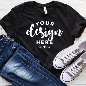 Bella Canvas 3001 Mockup Black Tee Mock T-shirt With Shoes And Jeans Template Rolled Sleeve Shirt Mock Up Download Hi Res Jpg Files