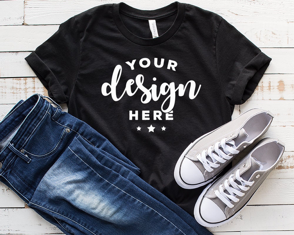 Download Bella Canvas 3001 Mockup Black Tee Mock T Shirt With Shoes And Etsy