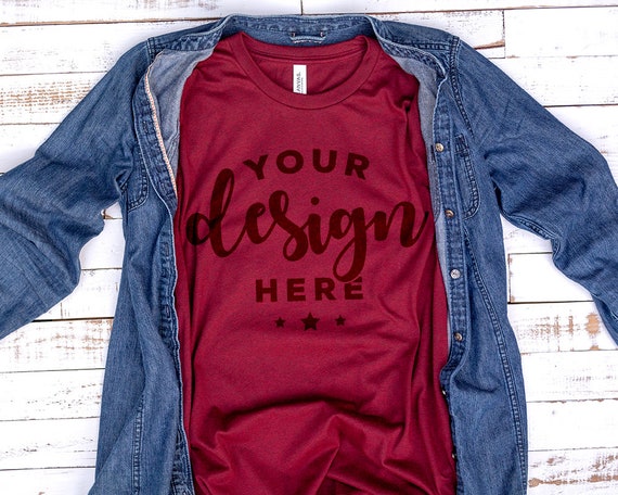 Bella Canvas 3001 Tshirt Mockup Heather Cardinal With Denim Etsy
