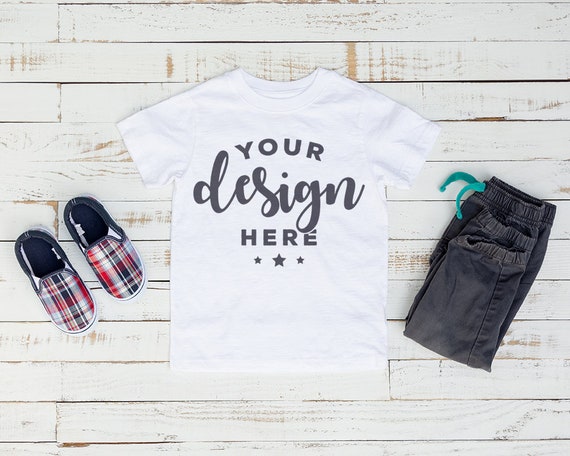 White Kids Tshirt Mockup On Distressed Wood Background With Etsy