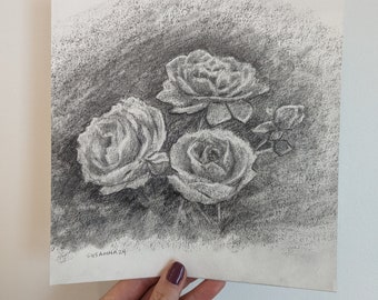 Original Flower Drawing, Roses, Affordable, Graphite, 8x8", Unframed