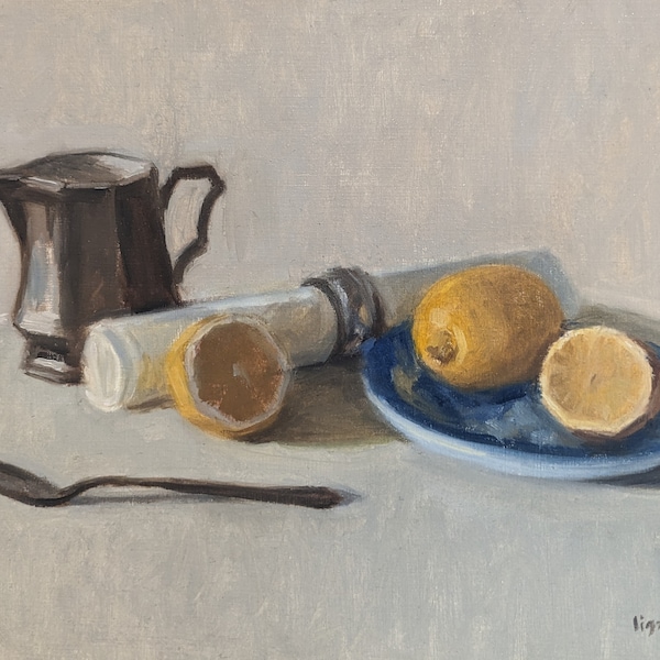 Original Art, Affordable, Oil Painting, Lemons with Milk Pitcher, Still Life, 9x12", Unframed