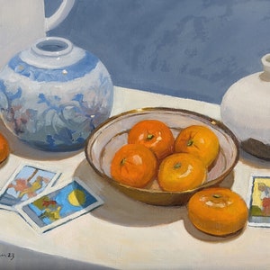One of a Kind, Oil Painting, Clementines and Blue Vase, Still Life, 11x14", Unframed